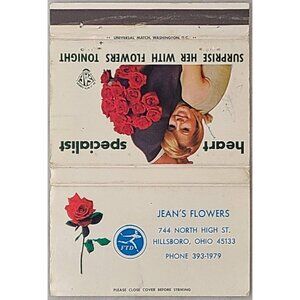 Vintage Jean’s Flowers Matchbook Cover Hillsboro Ohio FTD Florist